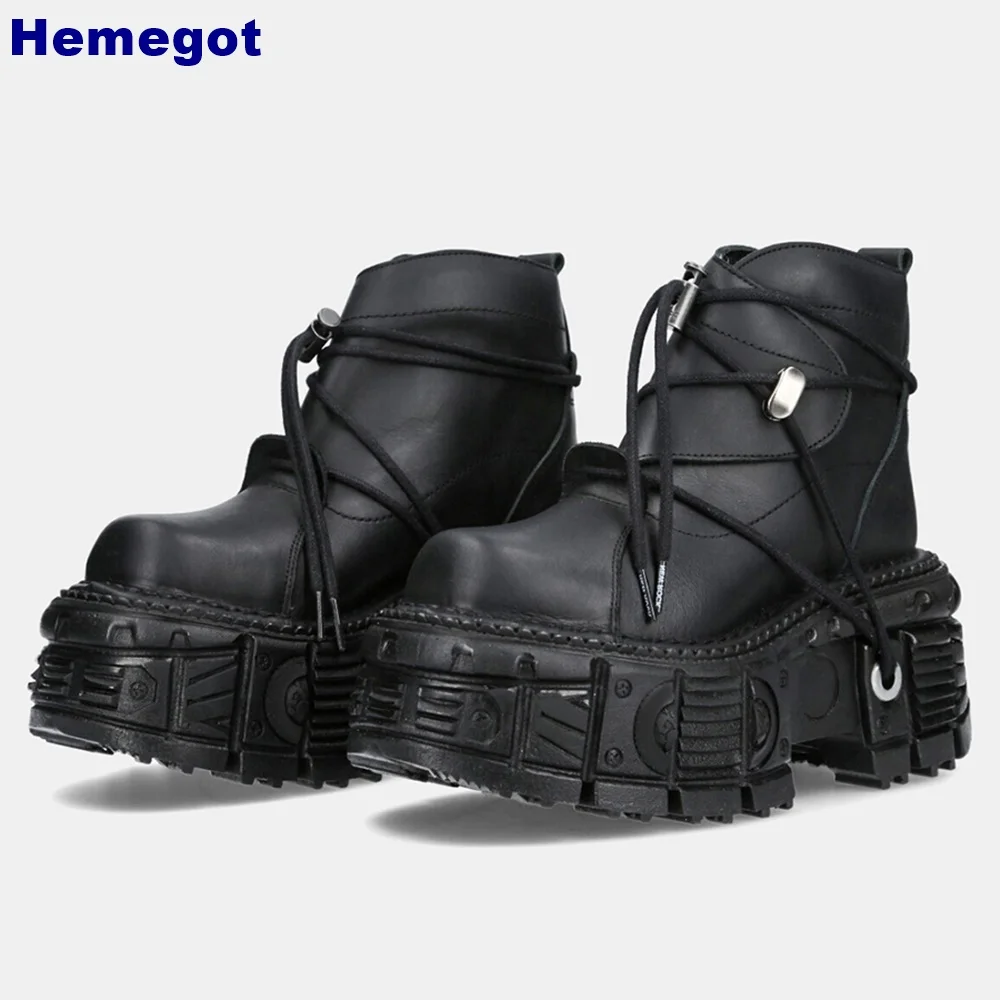 

Thick Sole Lace Up Short Boots 2024 Autumn New Round Toe Punk Street Rock Sports Casual Shoes Black Fashion Women's Ankle Boots