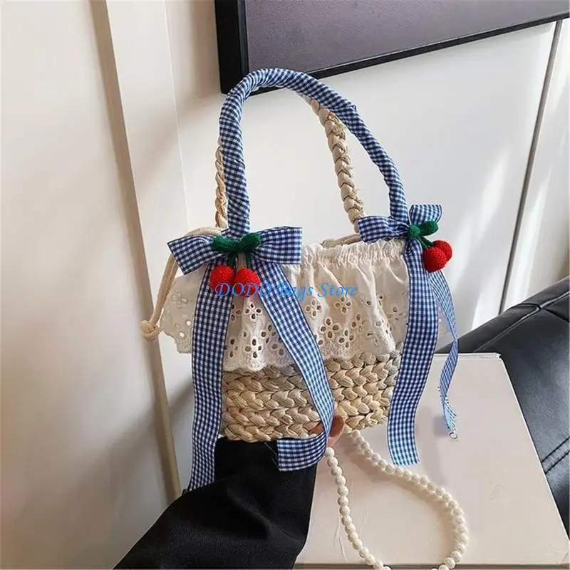 

Woven Straw Drawstrings Bucket Bag Sweet Bowknot Ruffle Lace Beach Holiday Handbag with Top Handle Pearl Chain for Women