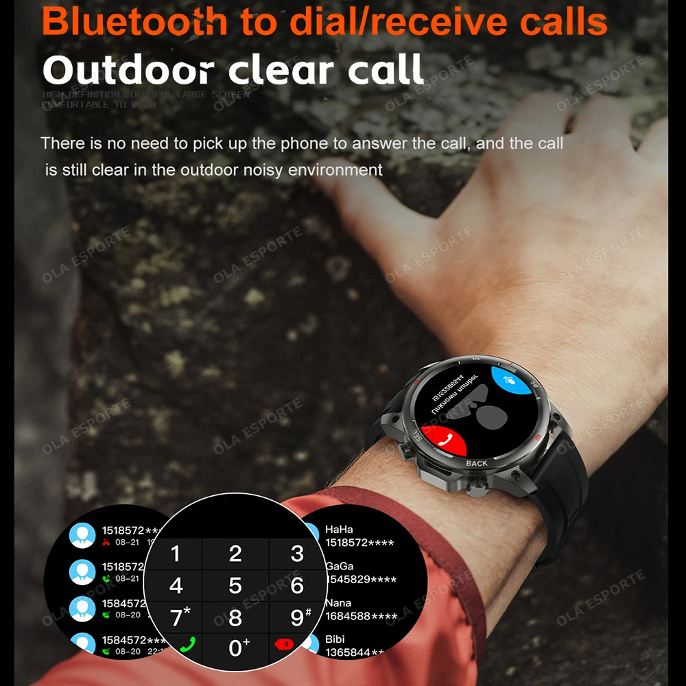 ผู้ชายนาฬิกาอัจฉริยะเข็มทิศเครื่องติดตามตำแหน่ง GPS หน้าจอ AMOLED โทรผ่านบลูทูธการตรวจสอบอัตราการเต้นของหัวใจ 100+ โหมดกีฬาสมาร์ทวอทช์