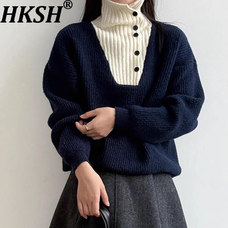

HKSH 2025 осень-зима новый женский свитер с воротником-стойкой на пуговицах контрастного цвета модные элегантные повседневные вязаные топы HK15695