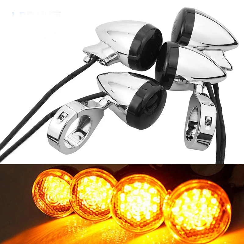 4Pcs Motorcycle Front Rear Fork Clamp LED Turn Signal Lights For Harley 39mm/41mm Indicator Lamps