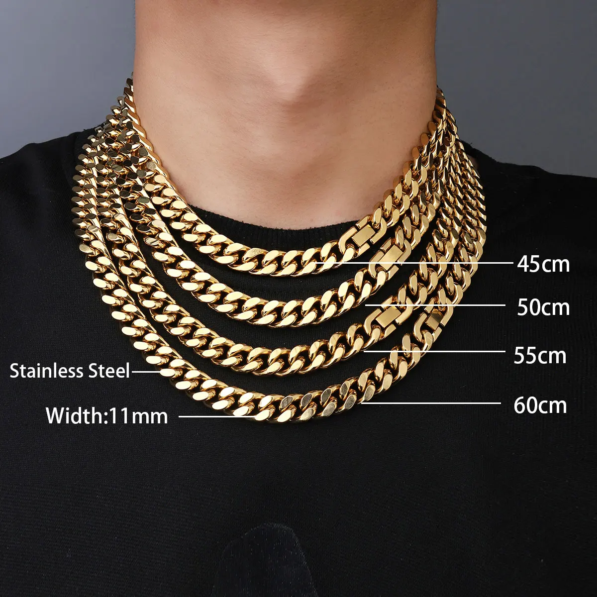 Hip Hop 18K Real Gold Plated Steel 11mm Cuban Figaro Four sided polished Link Necklace For Men JewelryGifts