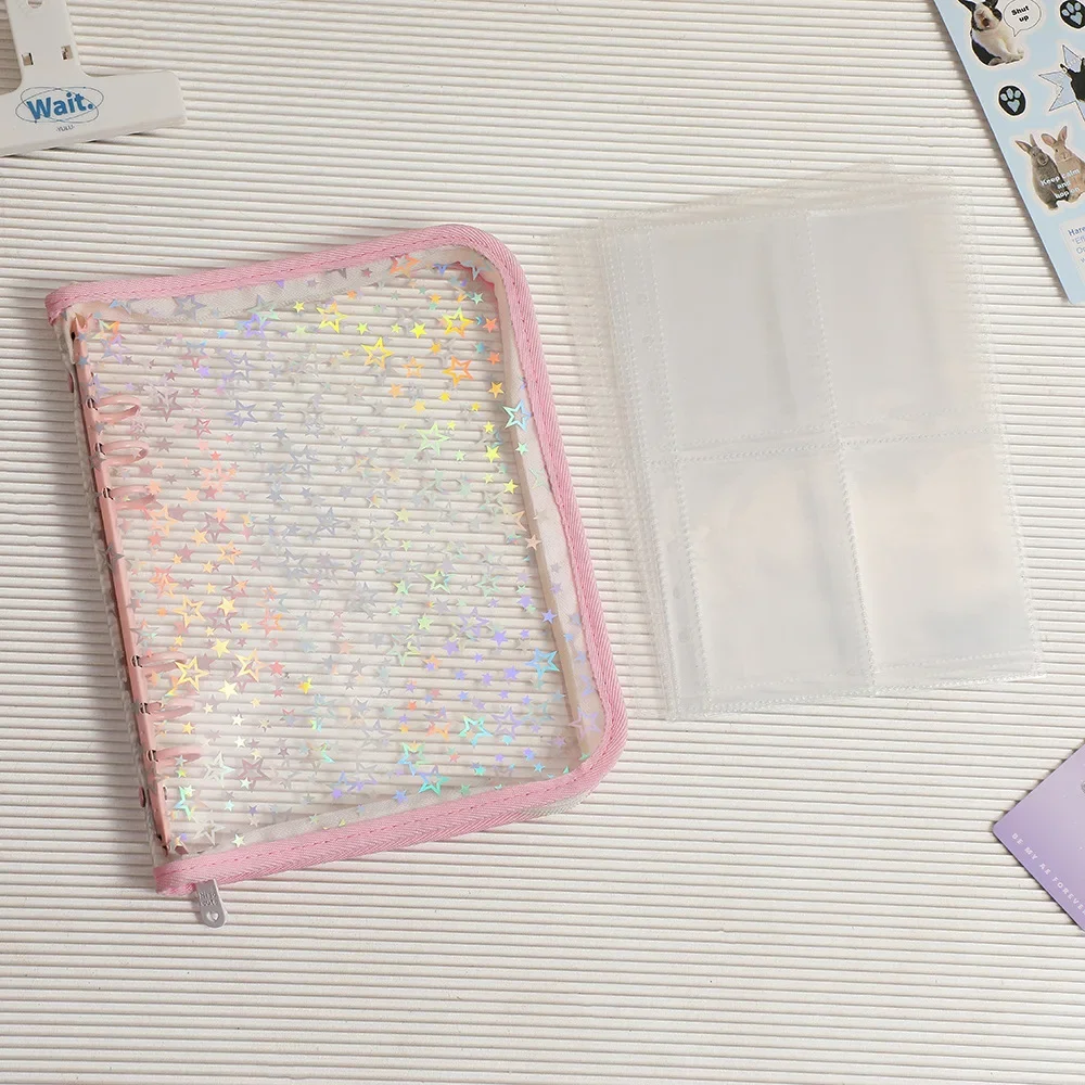 A5 Laser Star Zipper Binder Collect Book Refill Organizer DIY Journal Dairy Transparent Kpop Idol Photo Album Kawaii Stationery