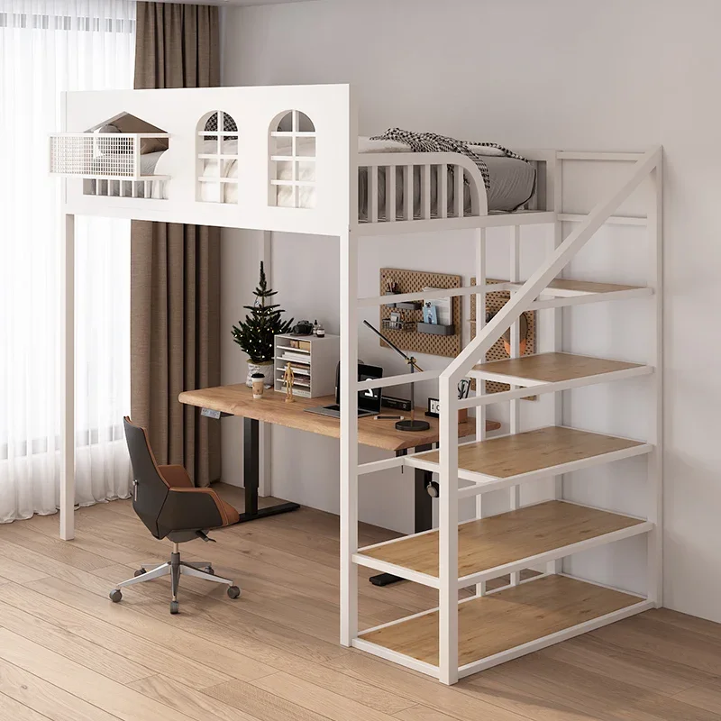 Cama individual de hierro forjado para niños, piso superior, apartamento pequeño debajo de la mesa, cama elevada, segundo piso, ahorro de espacio