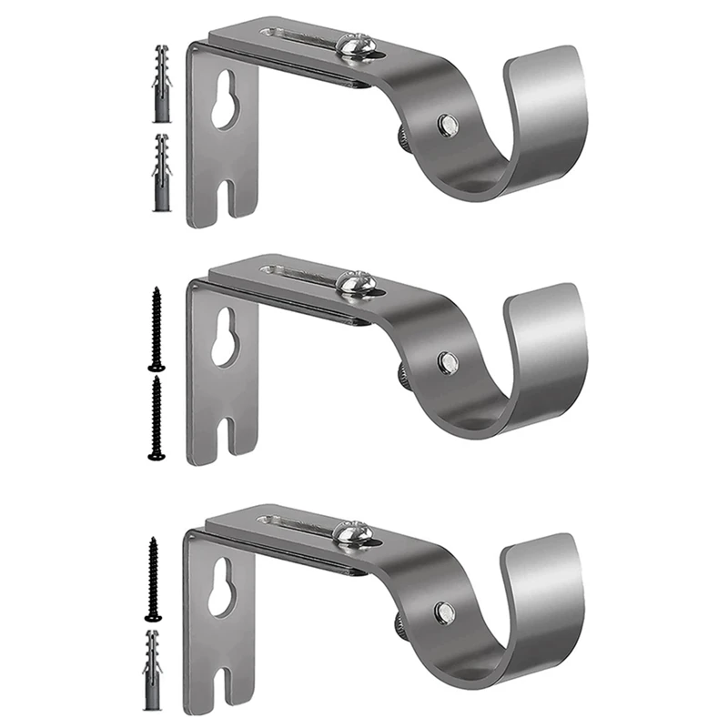 3Piece Silver Curtain Rod Brackets Heavy Duty Curtain Rod Holders For 1 Inch Rod With Installation Screws