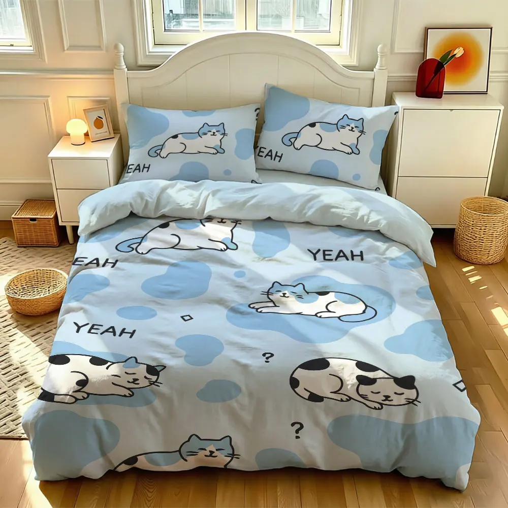 3pcs blue-background cartoon cat pattern bedding set including 1 bedding cover 2 pillowcases (without filler) bedding product