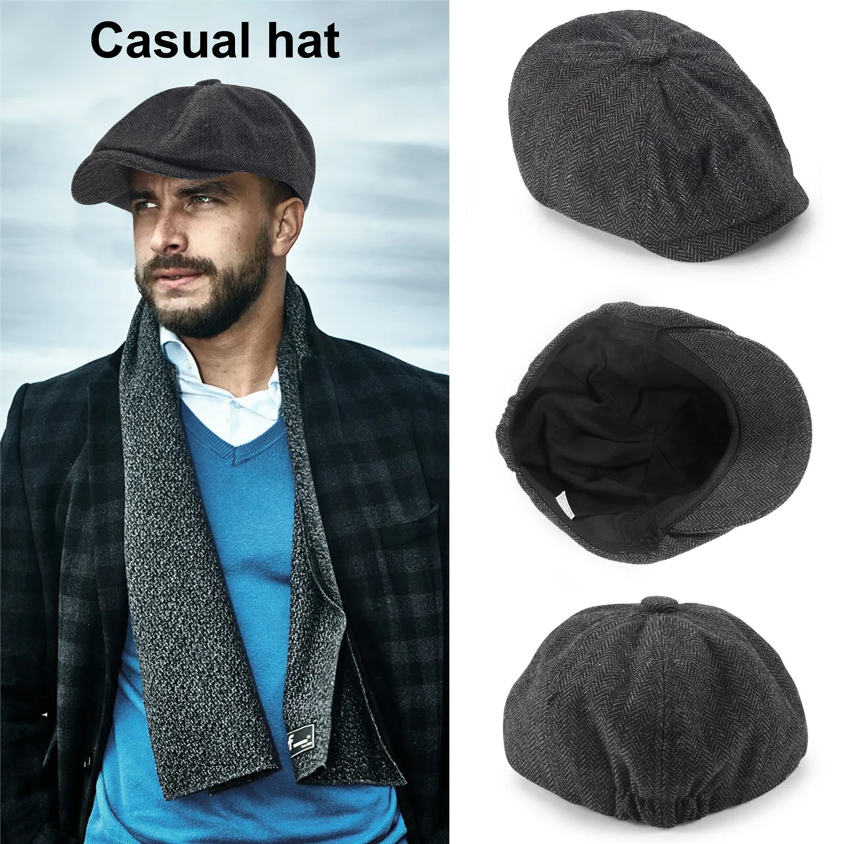 FZFZ ผู้ชาย Beret Vintage Herringbone หมวก Newsboy Beret หมวกฤดูใบไม้ผลิแบนหมวก Beret สีเทาเข้ม