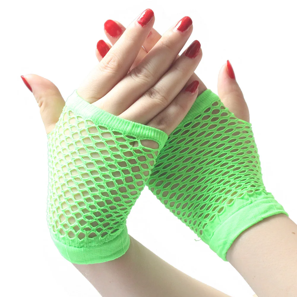 

1pairs/80s 90s Fishnet Mesh Gloves for Women Kids Neon Fingerless Glove for Cosplay Costumes Accessories