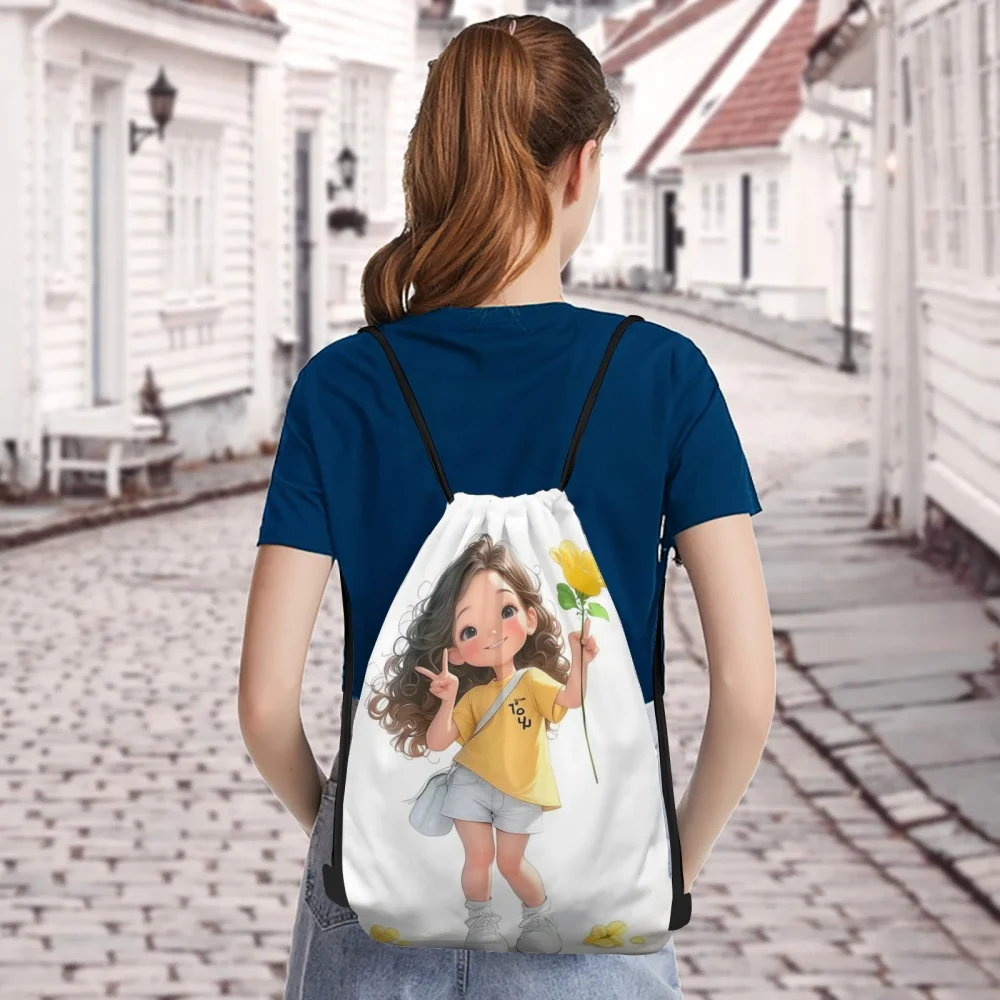 Custom Name Cute Girl Print Drawstring Backpack 3 Sizes Portable Sports Bag for Gym Yoga Travel Party Gift