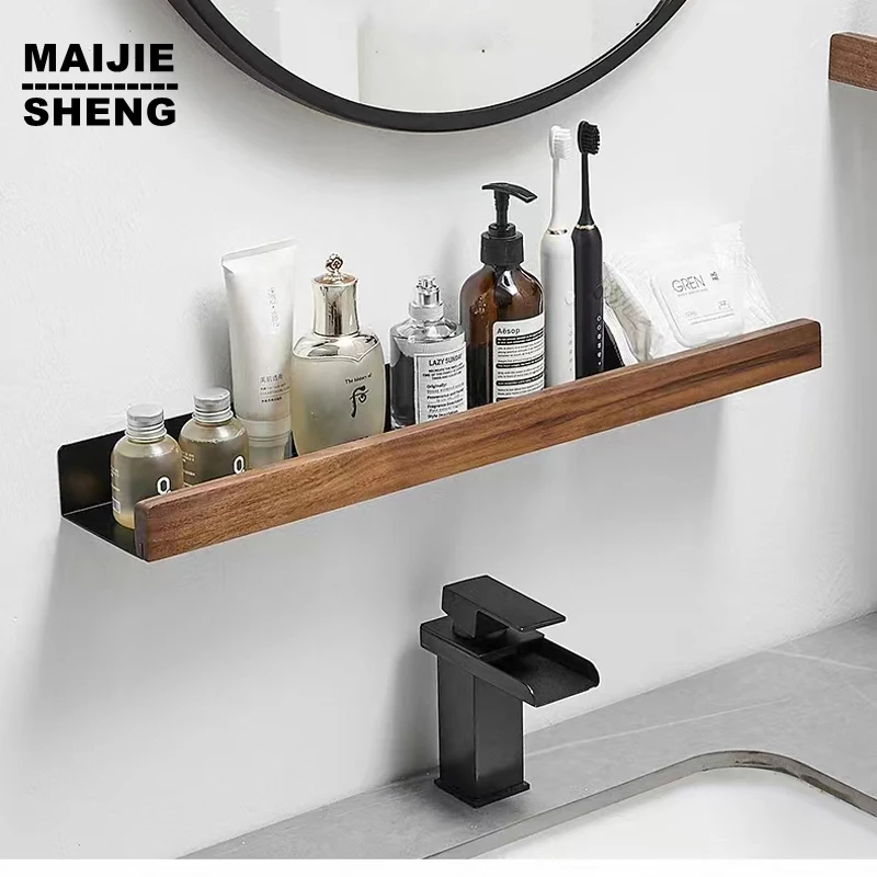 Bathroom Shelf Organizer Shower Storage Rack Solid Wood Corner Shelves Wall Mounted Toilet Shampoo Holder Kitchen Shelf