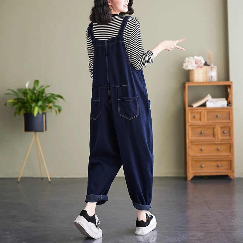 Loose Oversized Jeans Jumpsuit Women Casual Streetwear Wide Leg Denim Overalls Vintage Dark Blue Dungarees Straps Baggy Pants