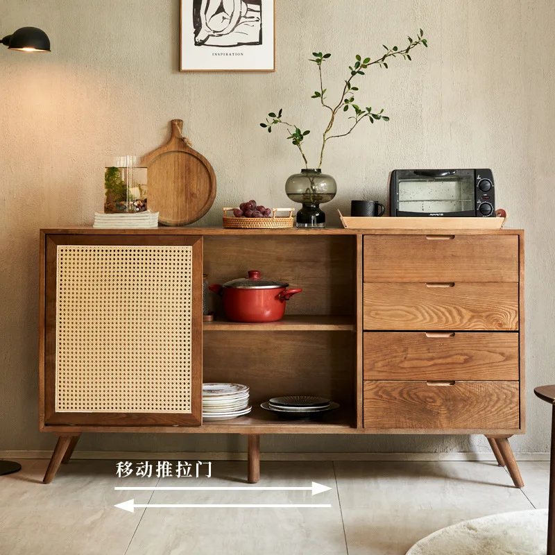 

Japanese-style household multifunctional rattan sideboard modern ash solid wood double-door self-contained cupboard