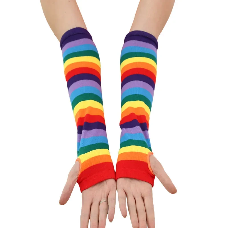 

10 Pair Elbow Length Gloves Arm Sleeve Warmer Rainbow Colored Striped Knitted Costume Fingerless Mittens Christmas