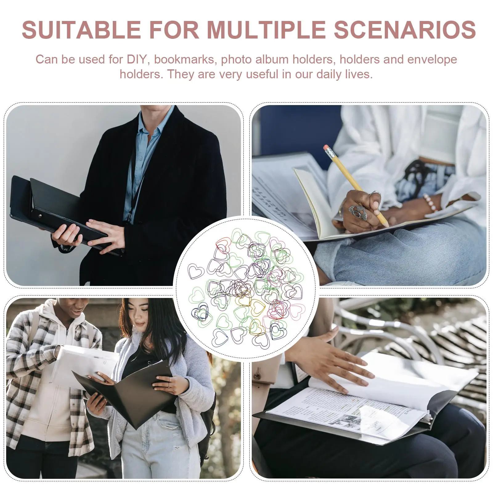 50 Pcs Love Paper Clip File Clips Decorative Heart-shaped Household Multicolor Cute Plastic Creative Smooth Surface