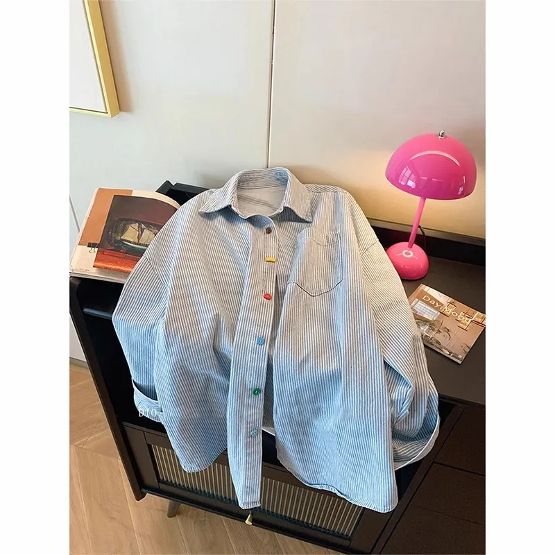 

Large Size 300 Pou Hong Kong Sle Worn Stripe Denim irt ex Spring New Button Long Sve Top American Casu...