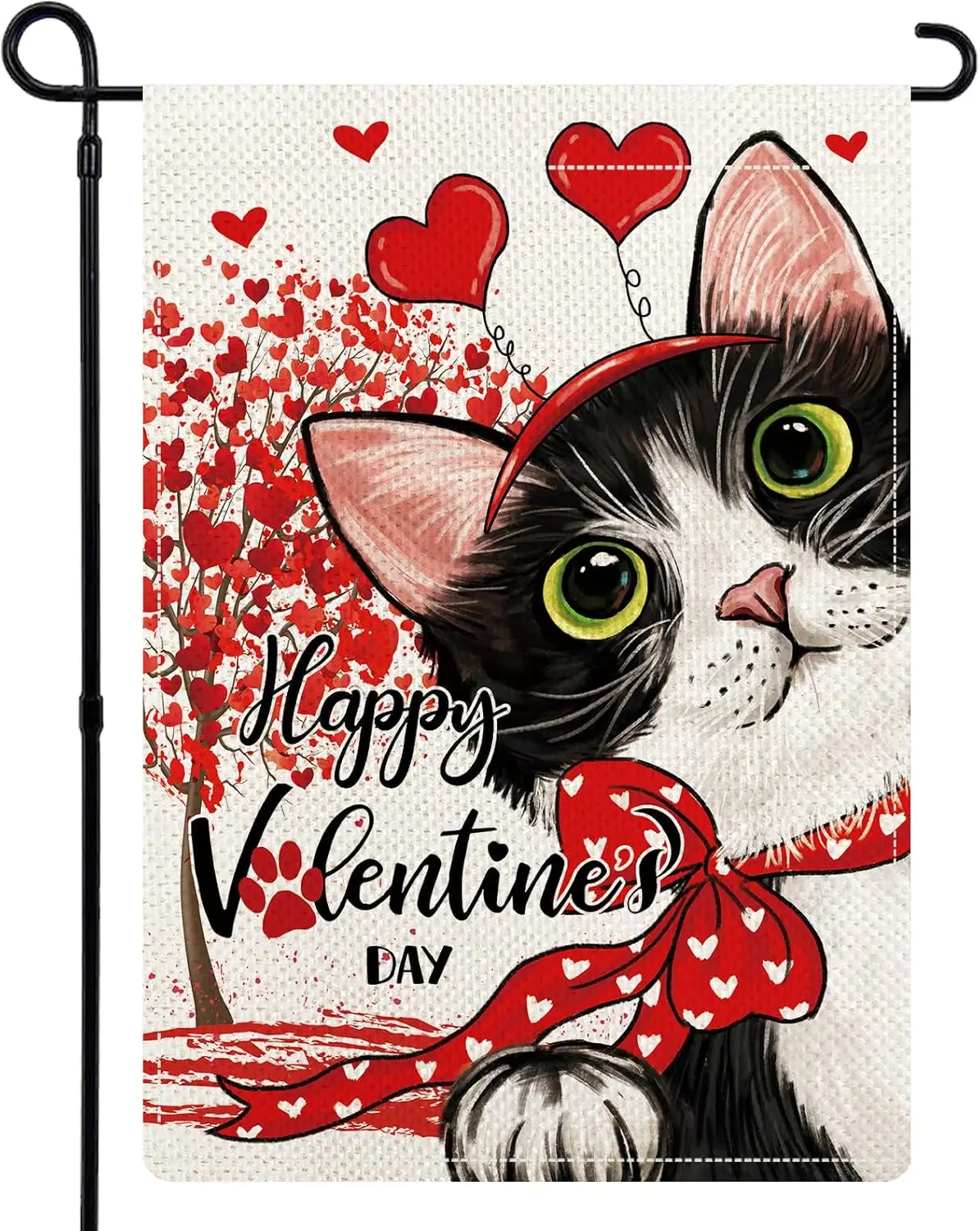Dış Mekan için Kara Kedi Sevgililer Günü Bahçe Bayrakları, Bahar Aşk Kalp Ağacı Kedi Bahçe Bayrakları 12x18 Çift Taraflı, Bahar Hoş Geldiniz La