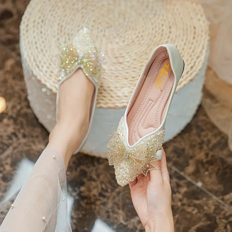 Women Flat Shoes 2024 New Pointed Toe Banquet Rhinestones Sequins Butterfly-Knot Wedding Shoes Female Single Shoes Zapatos Mujer