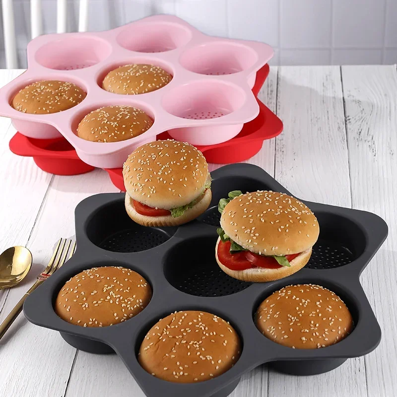 Hamburger Baking Tray Silicone Breathable Hollow Mold with 7 Continuous Openings Silicone Baking Mold Kitchen Tools