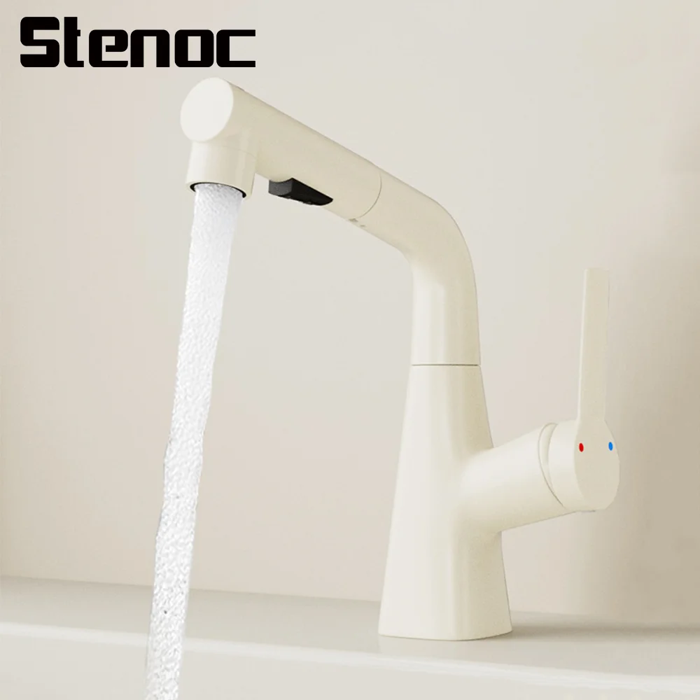 

Stenoc New Pull Out White Basin Sink Faucet Lift Up And Down 360° Rotation Bathroom Crane Deck Mounted Hot&Cold Water Mixer Tap