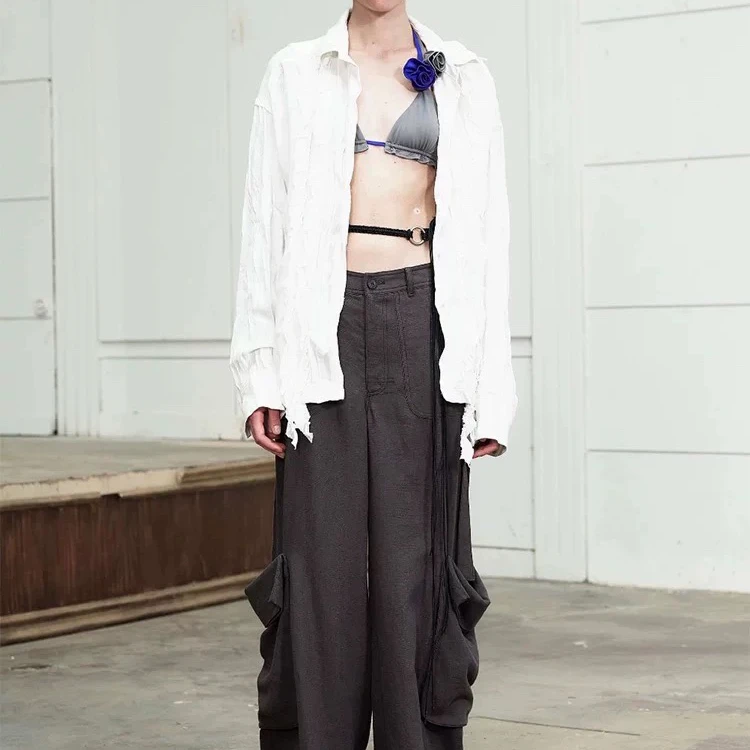 Estate nuovo marrone casual Dstring cerniera grande ket pantaloni da lavoro donna vita alta gamba larga strada Sle regolare sottile