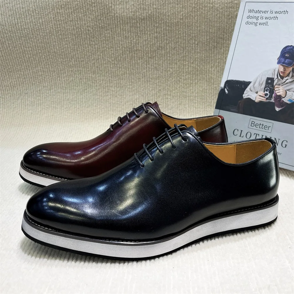 Men's Classic European Style Oxford Shoes Real Leather Cap Toe Lace-Up Black Blue Business Office Casual Footwear