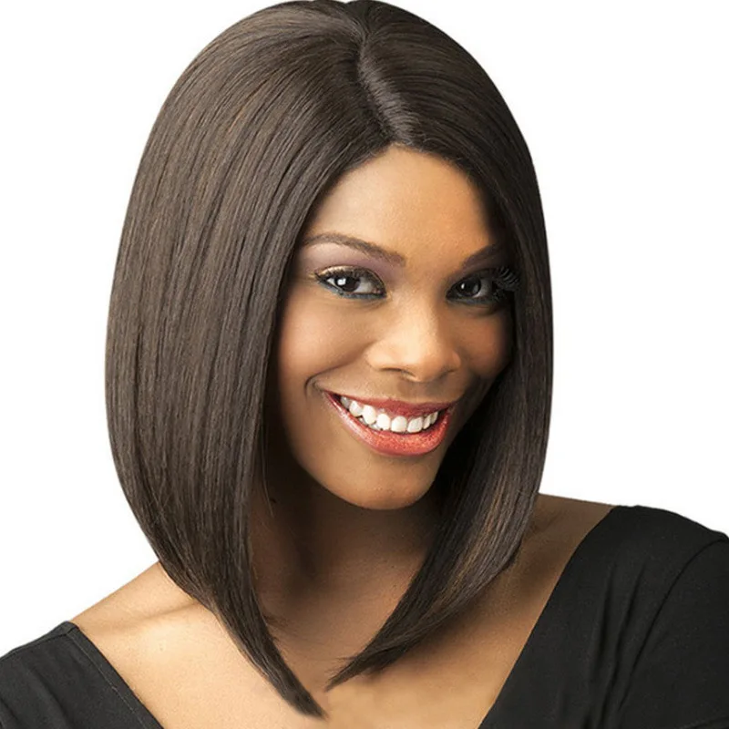 Peruka z przedziałkiem na środku, modny bob, czarne krótkie proste włosy, fryzura bobo, włosy z włókna wysokotemperaturowego, krótkie włosy.