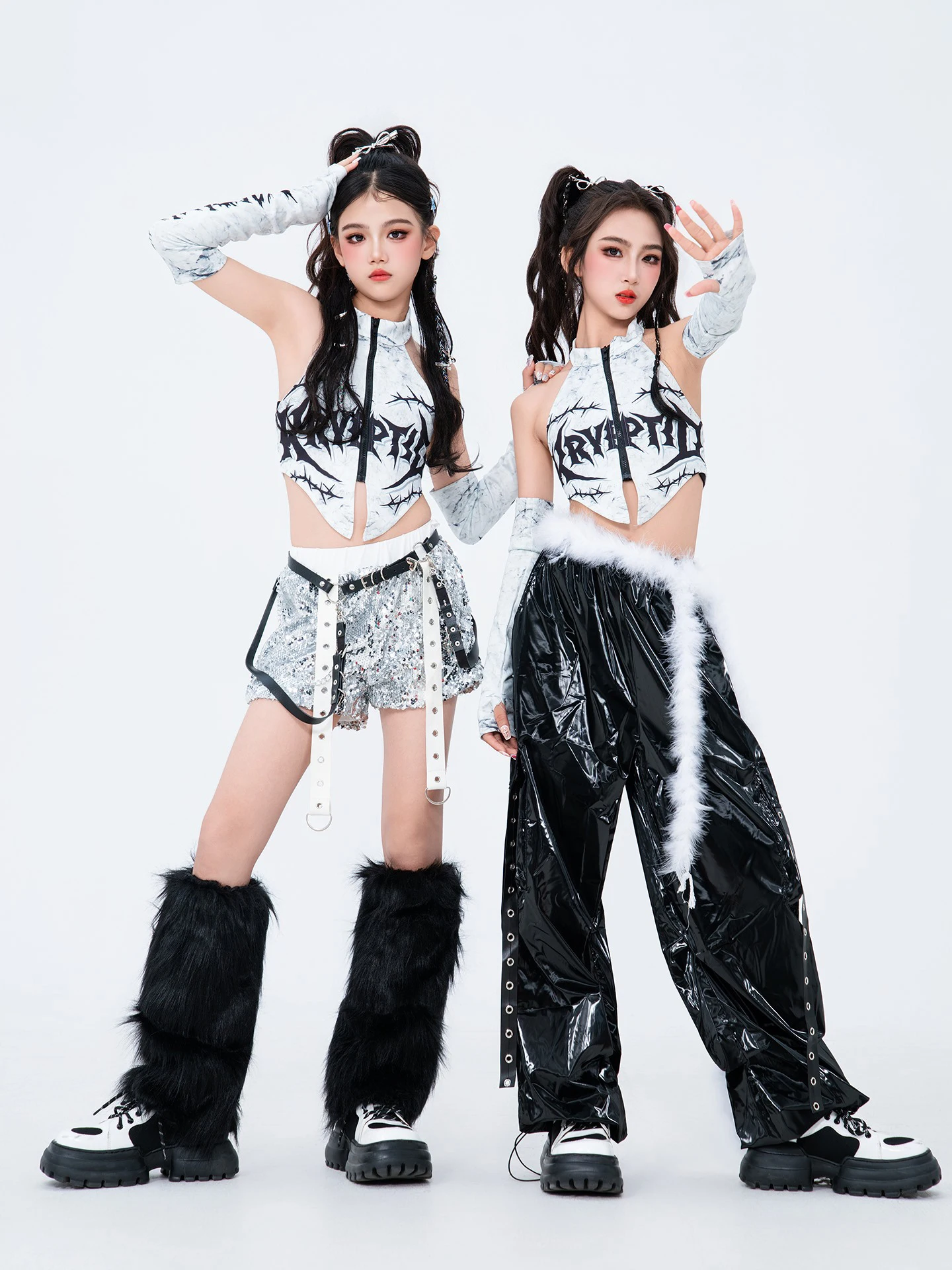2025 جديد الحديثة رقص الجاز أزياء مسرحية للفتيات المحاصيل القمم السراويل الجلدية السوداء وتتسابق الأطفال الهيب هوب الملابس XH3064 #4