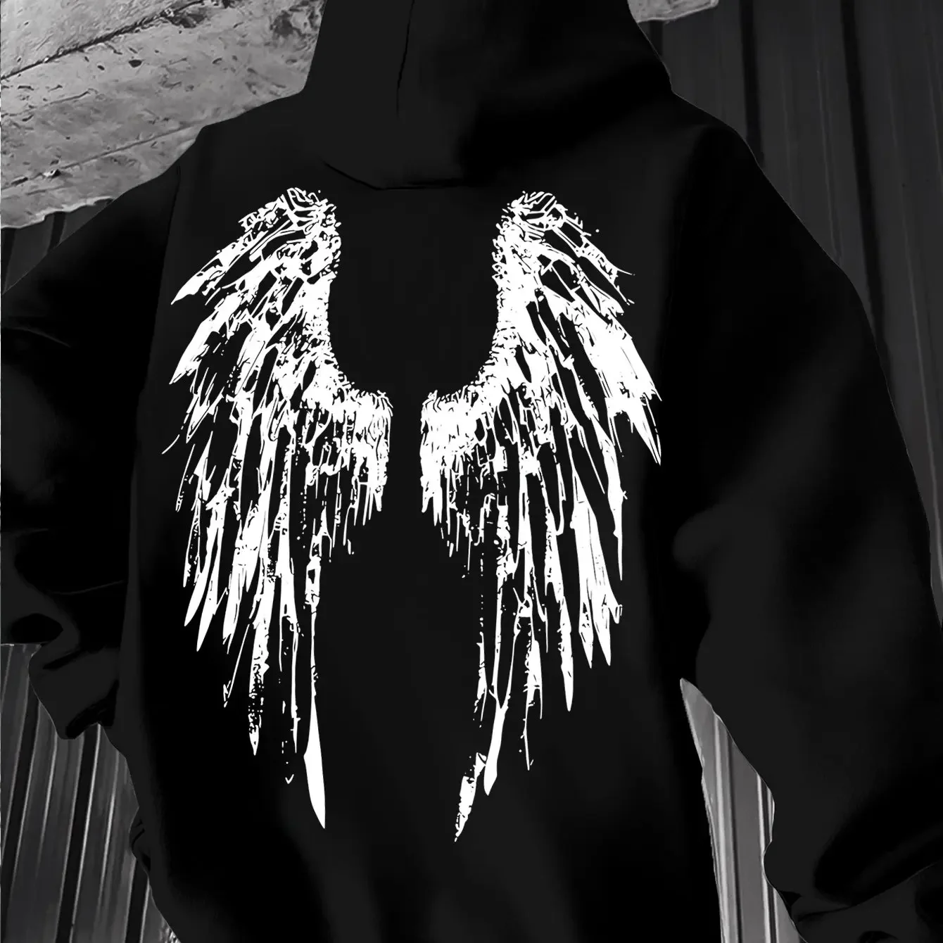 Dark Aesthetic Distressed Wings Back‑Printed Hooded Sweatshirt Soft Warm Fleece Unisex Oversized Hoodie