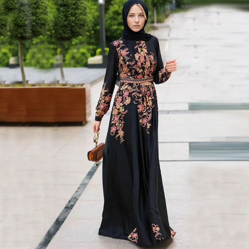 Elegant Floral Muslim Dress Turkey Abaya Hijab Vestidos Women Fashion Robe Bohemain Printed Sundress Islamic Clothing