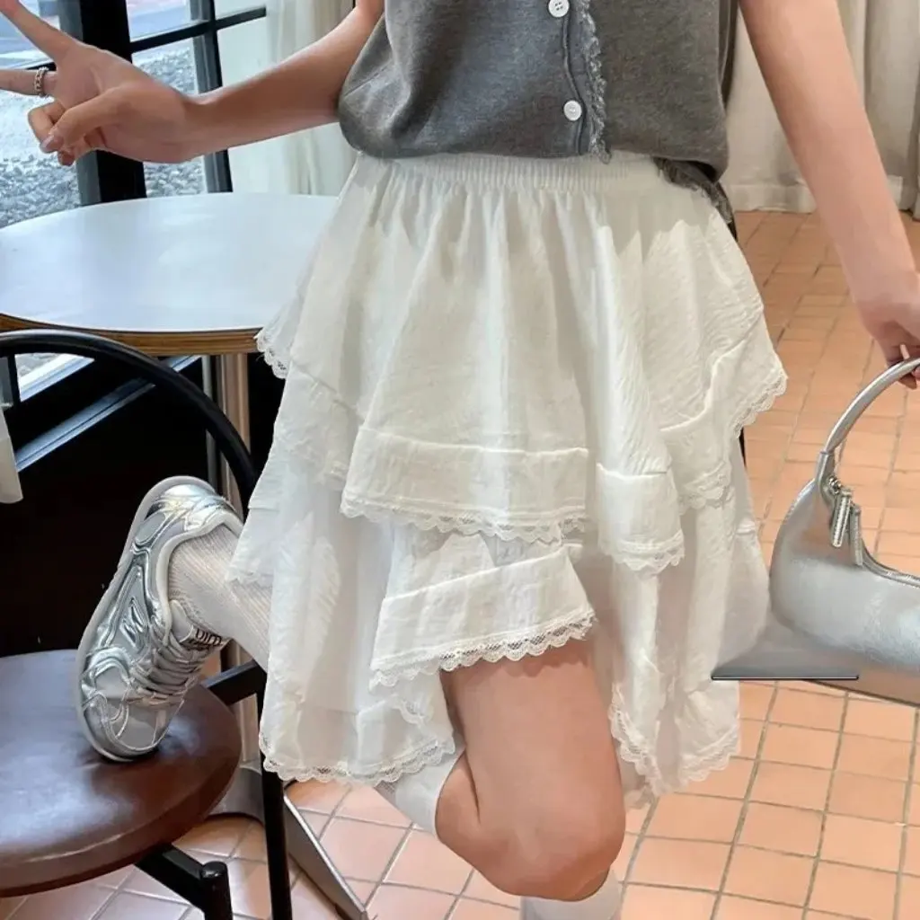 

Radish Uncle Lace High Waist Skirt for Women Summer New Irregular Short Lace Design Spice Girl Style