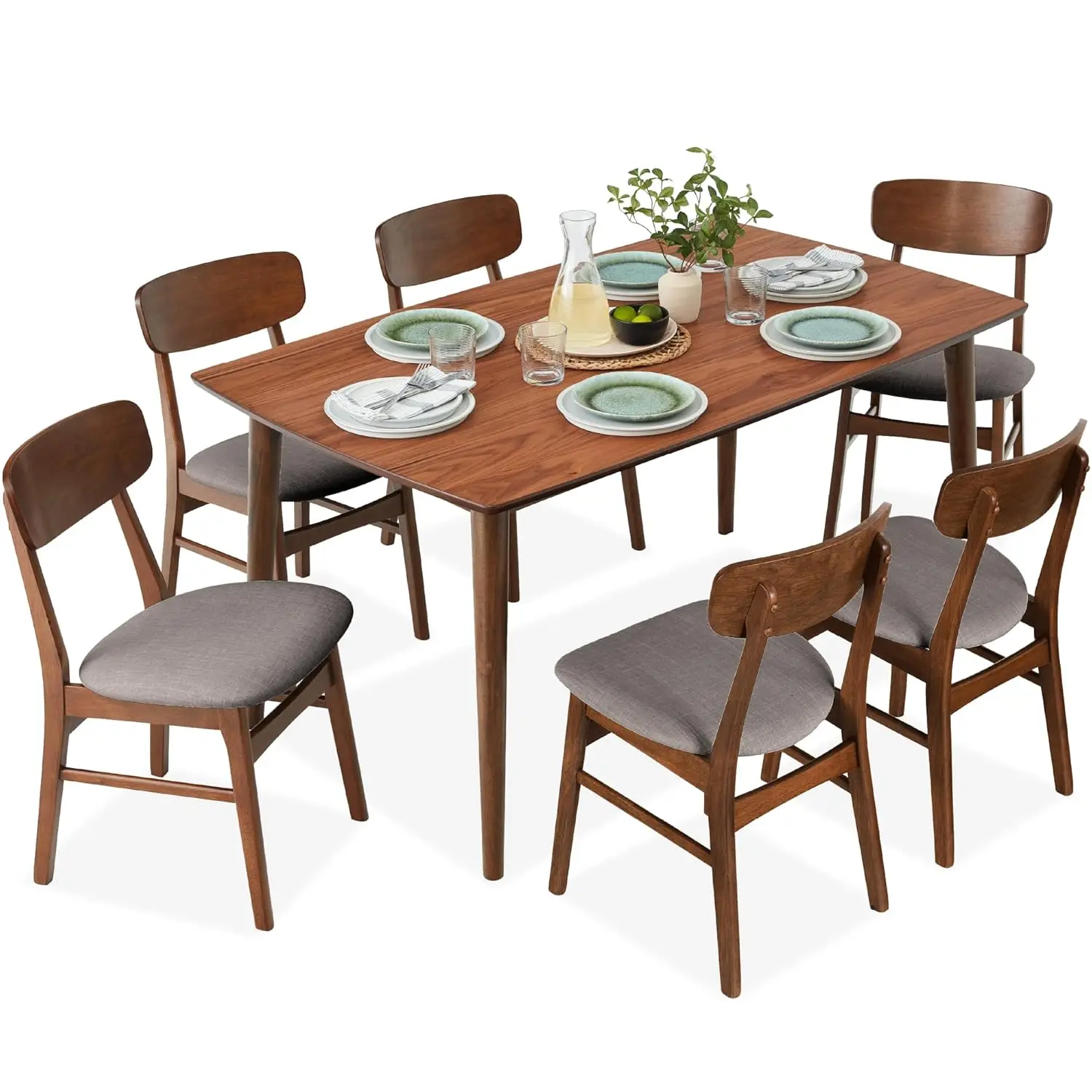 7pc Wooden Dining Set Mid-Century Kitchen Table & 6 Upholstered Chairs Curved Backrest Rounded Corners Walnut Customized