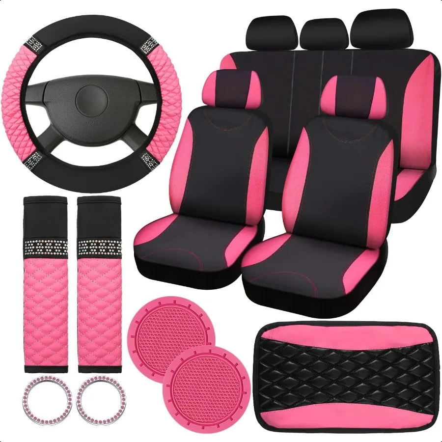 

17 Pcs Bling Car Accories Set for Women Seat Covers Leather Steering Wheel Cover Seat Belt Shoulder Pad Armrest Cup Holders Cov