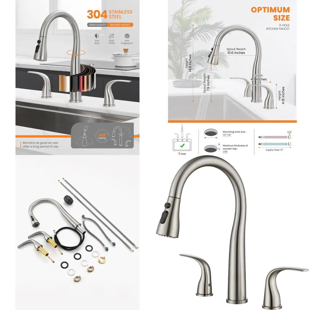 

Brushed Nickel High Arc 3-Hole Kitchen Faucet with Pull-Down Sprayer and Double Handles, T-3005BN