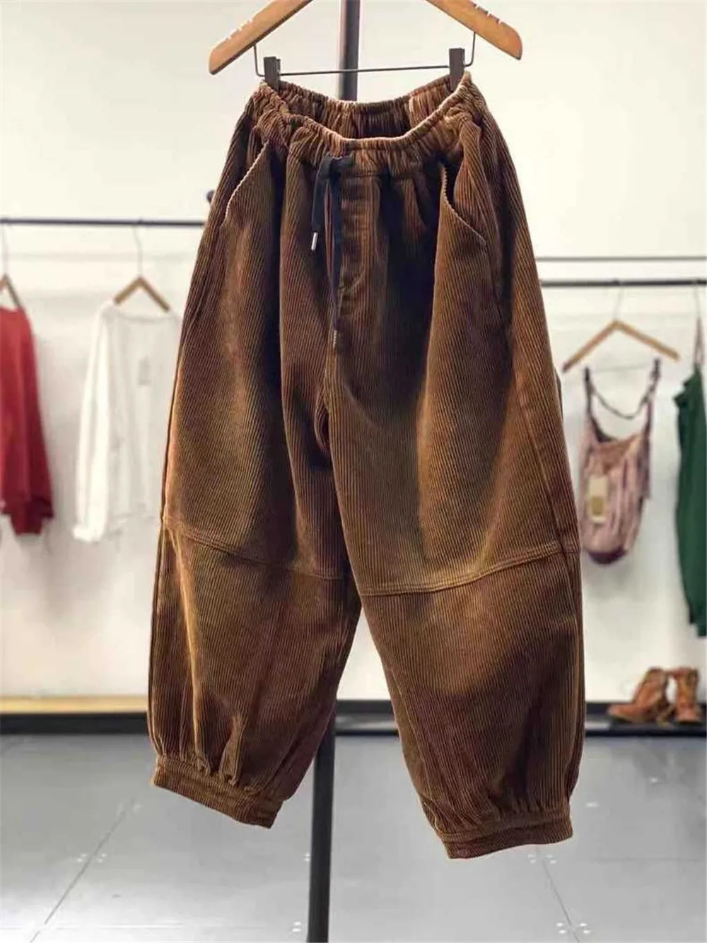 Jesień Zima Casual Sztruksowe Spodnie Harem Kobiety Wysoka Talia Retro Luźne Bloomers Kobiety Oversize Mom Trousers Baggy Sweatpants