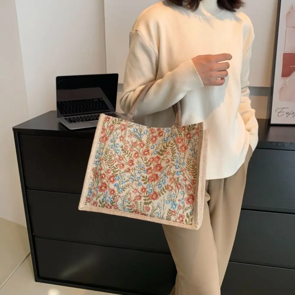 2024 New Women Flower Pattern Flax Tote Bag Larger Capacity Outdoor Handbag Casual Lunch Bag Mummy Bag