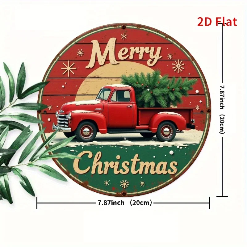لافتة معدنية مسطحة ثنائية الأبعاد، قطعة واحدة من ديكور جدار العطلة الدائري - شاحنة حمراء بتصميم شجرة عيد الميلاد، نص "عيد ميلاد سعيد"، ندفة الثلج الاحتفالية