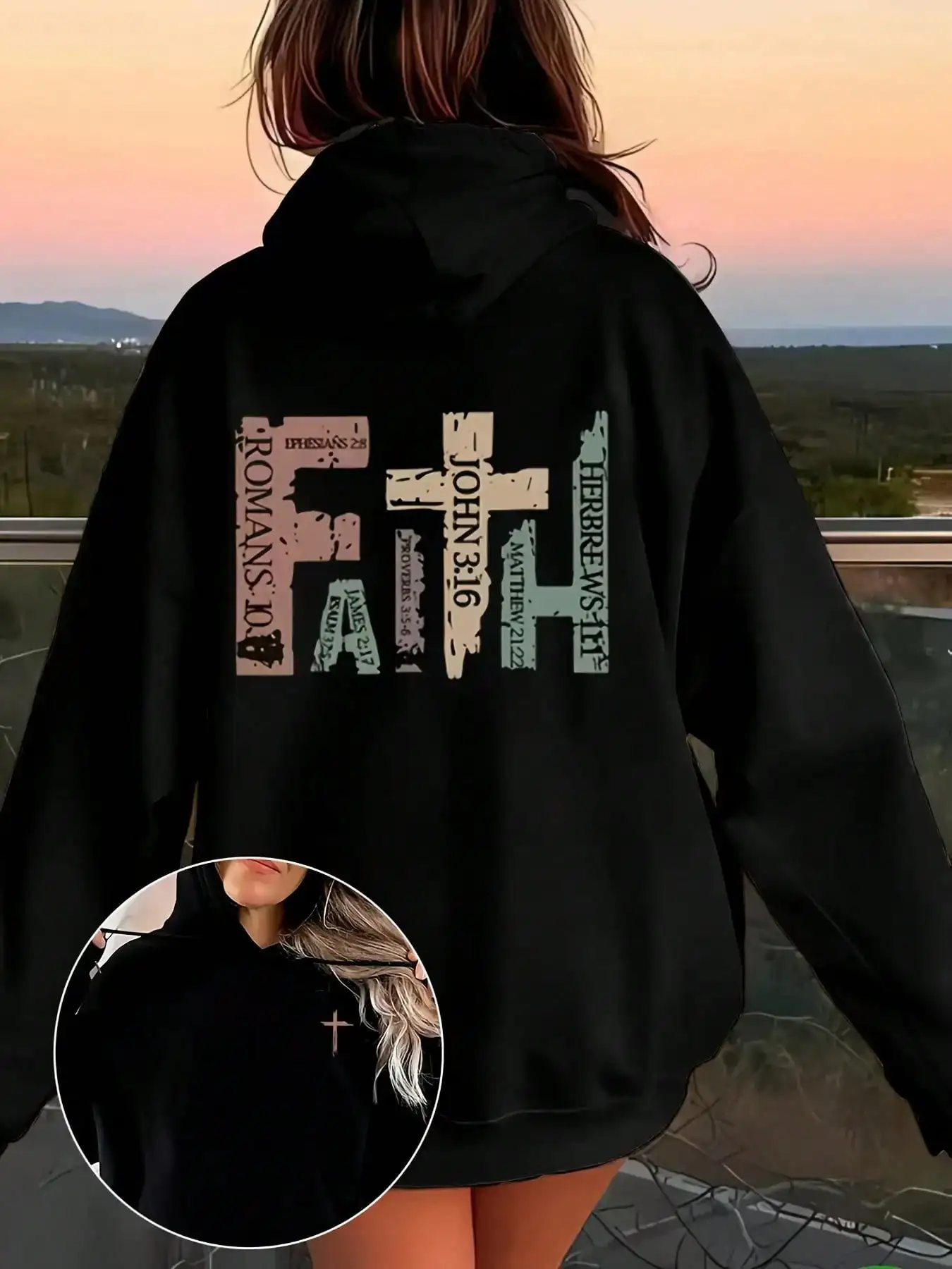 

Distressed Scripture Graphic Oversized Hoodie for Women, Loose Fit Long Sleeve Sweatshirt