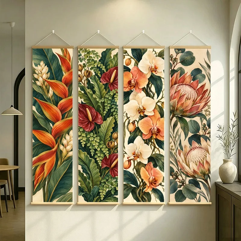 Wall Art Orange Heliconia Tropical Flowers and Leaves, Vibrant Botanical Pearlescent Canvas Hanging Scroll for Rooftop Cafe
