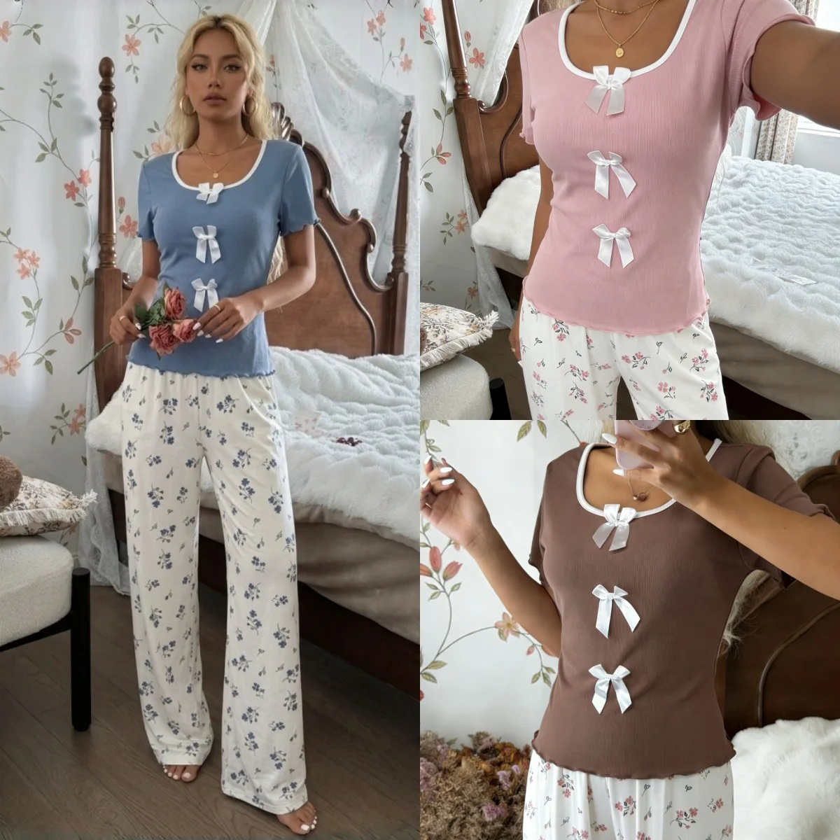 New Summer Collection: American-Style Women's Short-Sleeve Solid-Color Square-Neck Bow-Tie Top and Floral-Print Pants Pajama Set
