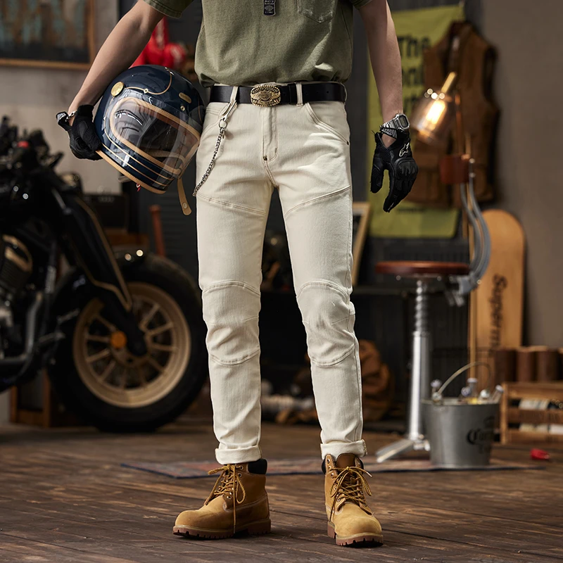 Beige jeans men's slim fit fashionable retro non-mainstream stitching motorcycle all-matching long pants nightclub