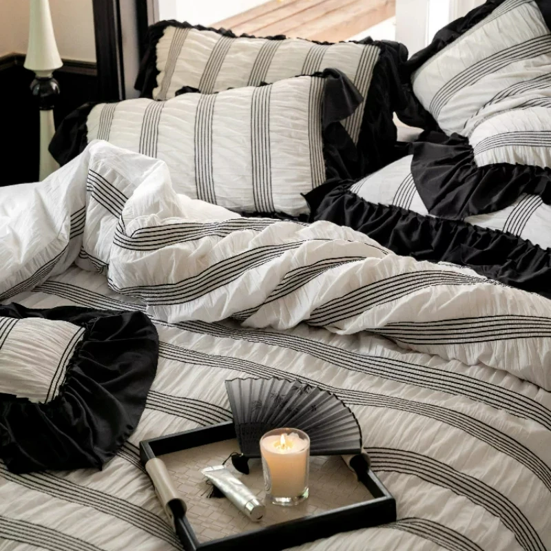French Style Bedroom Retro Style All Cotton Washed Cotton 4-piece Set Romantic Lotus Leaf Lace Duvet Cover Pure Cotton Bedding