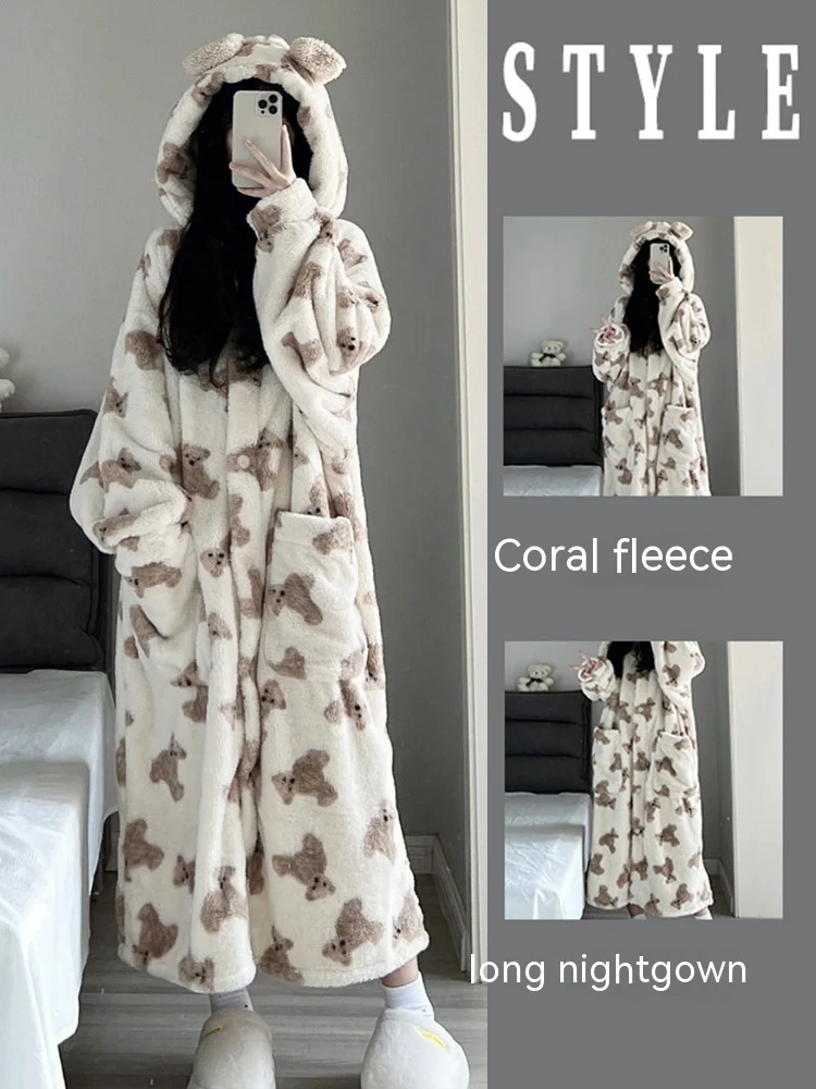 Autumn Winter Long Coral Velvet Nightgown Girl Cute Bear Pajamas Women Thickened Flannel  Nightdress Homeware Christmas Birthday