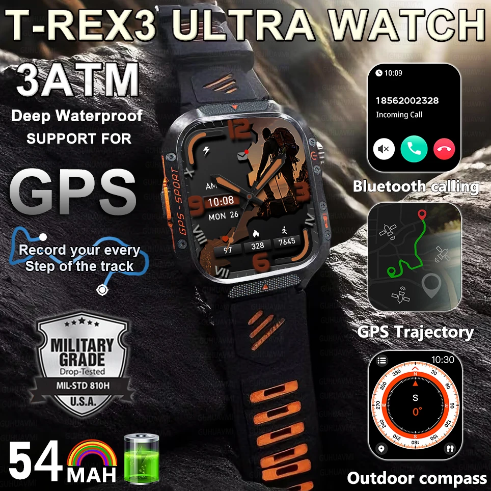 2025 New Military Smart Watch T-Rex 3 Bulit-in GPS Compass Altimeter Barometric IP69K Waterproof Fitness HD Call Smart watch Men