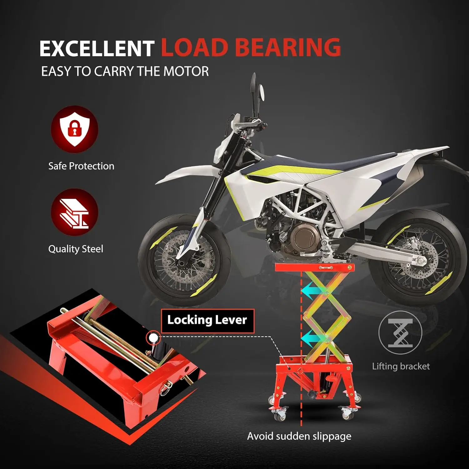 ヘビーデューティー 350ポンド 油圧式バイクリフトジャッキ（ホイールと安全ロック付き、レッド）