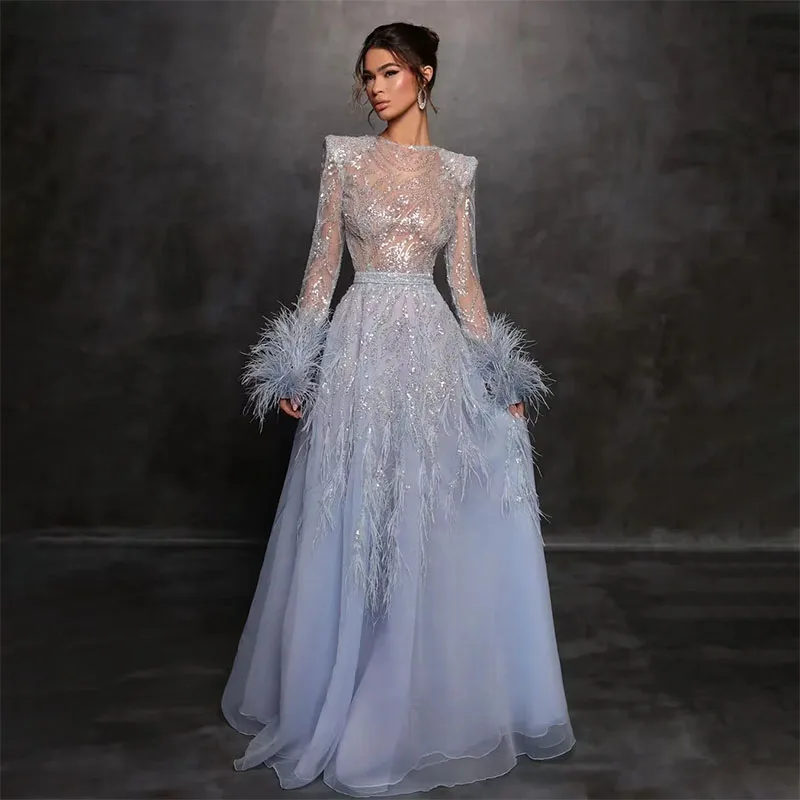 Exquisite Shinny Sequins  Prom Dresses O-Neck Long Sleeves Cocktail Party Evening Dress with Feathers Celebrity Gowns