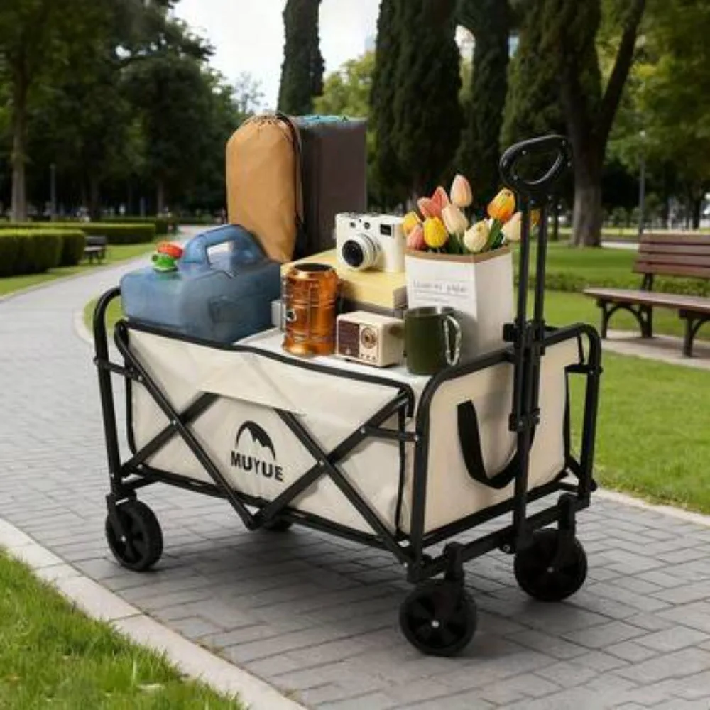 Portable Large Capacity Foldable Camping Wagon Cart, Heavy Duty All Terrain Utility Trolley with 360 Degree Rotating Wheels and Adjustable Handle for Beach, Gardening, Shopping, Grocery, Picnic and Outdoor Sports Gear Hauling, Easy Fold, Compact Storage