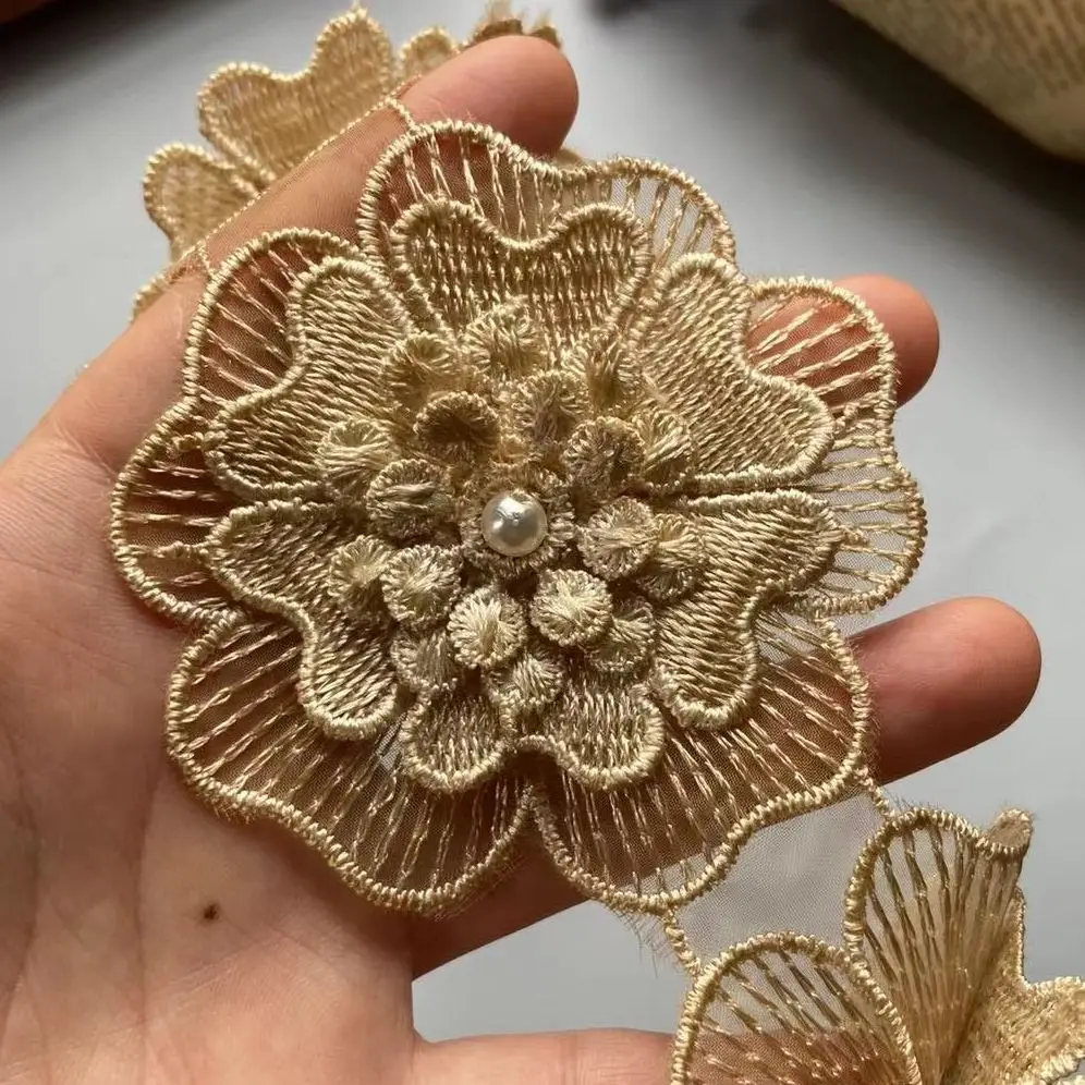 

10X Gold Pearl Beaded Polyester Flower Lace Trim Ribbon French Fabric Handmade Embroidered Knitting Patches Sewing Craft 7.5cm
