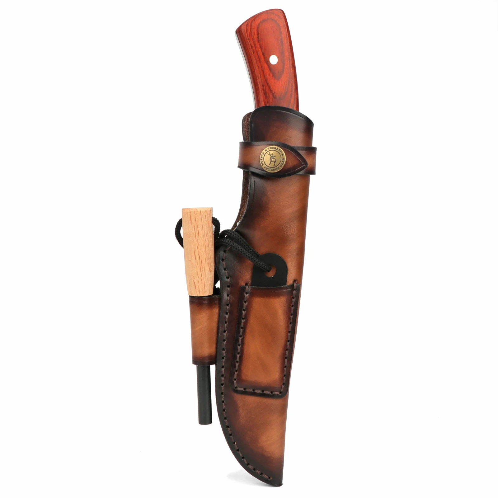 Tourbon Thick Leather Fixed Blade Knife Sheath Brown Knives Cover with Fire Starter Slot for Outdoor Bushcraft (without knives)