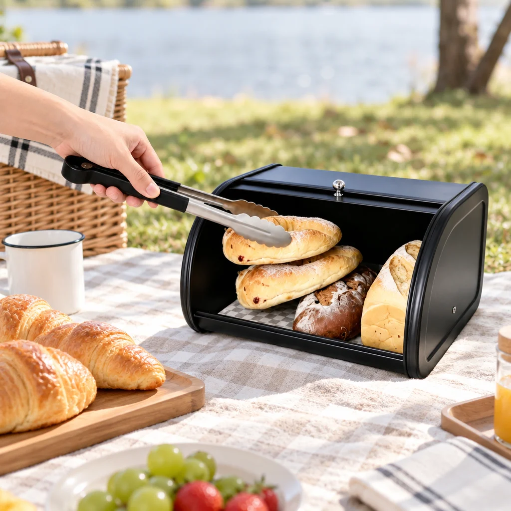 Lidded Metal Bread Box Black Outdoor Bread Box Kitchen Storage Container Home Roll-Top Food Container Large Capacity Storage Box