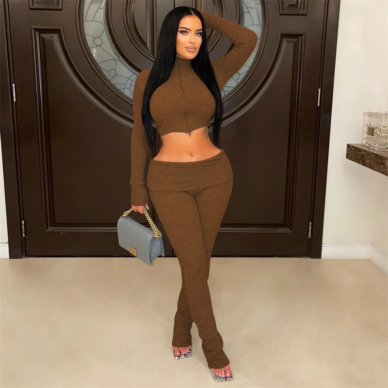 Solide gestrickte gerippte zweiteilige Set Frau Trainingsanzug Club tragen Langarm Reißverschluss Rollkragen Crop Top und Hosen passende Sets Outfits